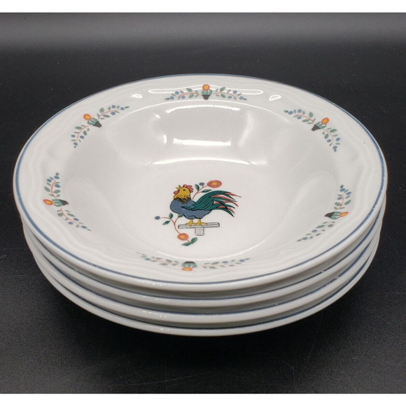Farm Friends by Oneida Rim Fruit Dessert Bowl Rooster Floral Set of 4 Stoneware - Picture 1 of 6